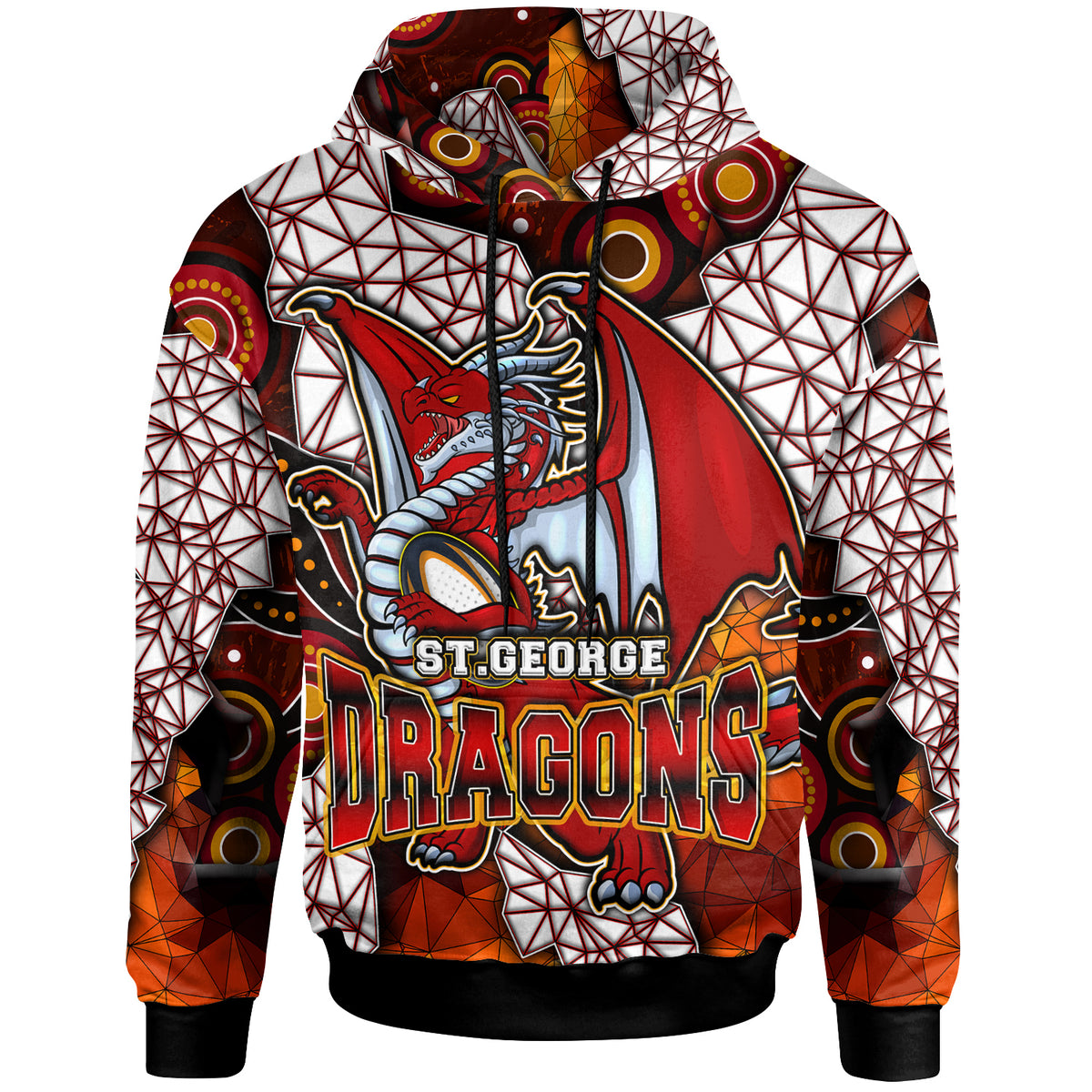st-george-rugby-hoodie-custom-dragon-fire-rugby-with-aboriginal-art-personalised-player-and-number-hoodie