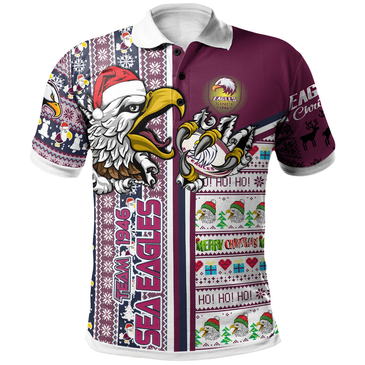 sea-eagles-rugby-christmas-polo-shirt-custom-scratch-eagles-snowflakes-ho-ho-ho-personalized-name-and-number-polo-shirt