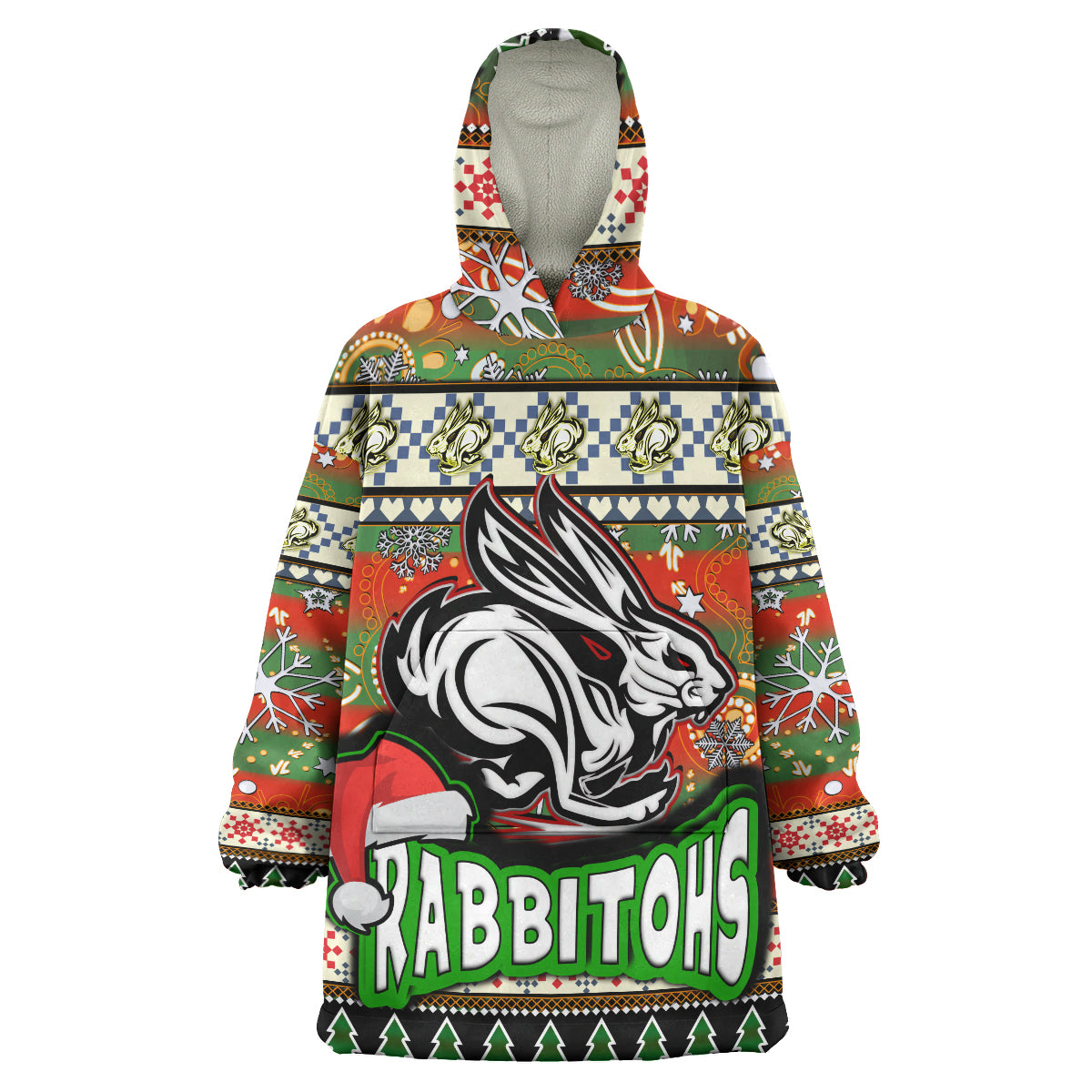 rabbitohs-rugby-christmas-snug-hoodie-custom-xmas-rabbitohs-christmas-balls-snowflake-with-aboriginal-patterns-wearable-blanket-hoodie