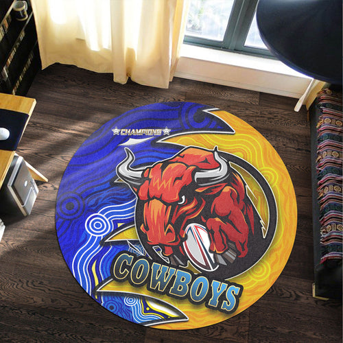 cowboys-rugby-round-rug-bull-rugby-ball-with-aboriginal-style-pattern-personalised-player-and-number-round-rug