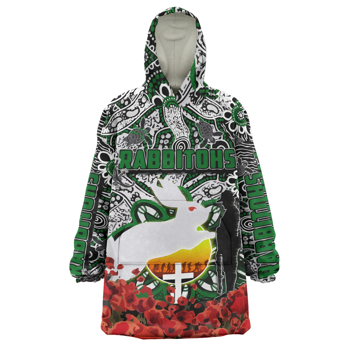 rabbitohs-rugby-anzac-day-watercolor-snug-hoodie-lest-we-forget-indigenous-dreaming-rabbitohs-oodie-blanket