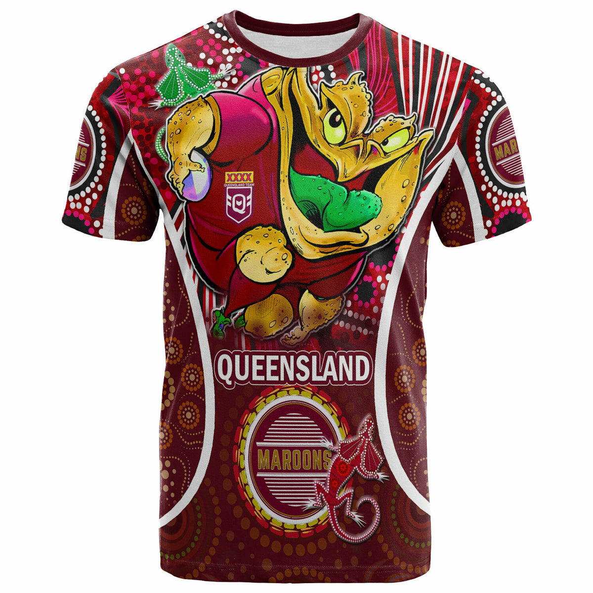 queensland-rugby-league-team-t-shirt-custom-qld-maroons-cane-toads-with-aboriginal-art-personalised-player-and-number-t-shirt