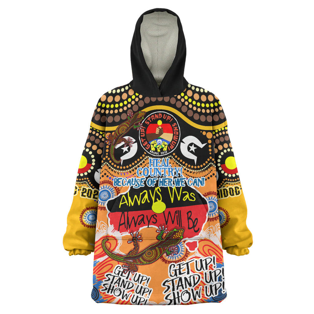 australia-naidoc-week-2023-wearable-blanket-hoodie-naidoc-week-timeline-with-aboriginal-inspired-dot-art-painting-and-aussie-gecko-wearable-blanket-hoodie