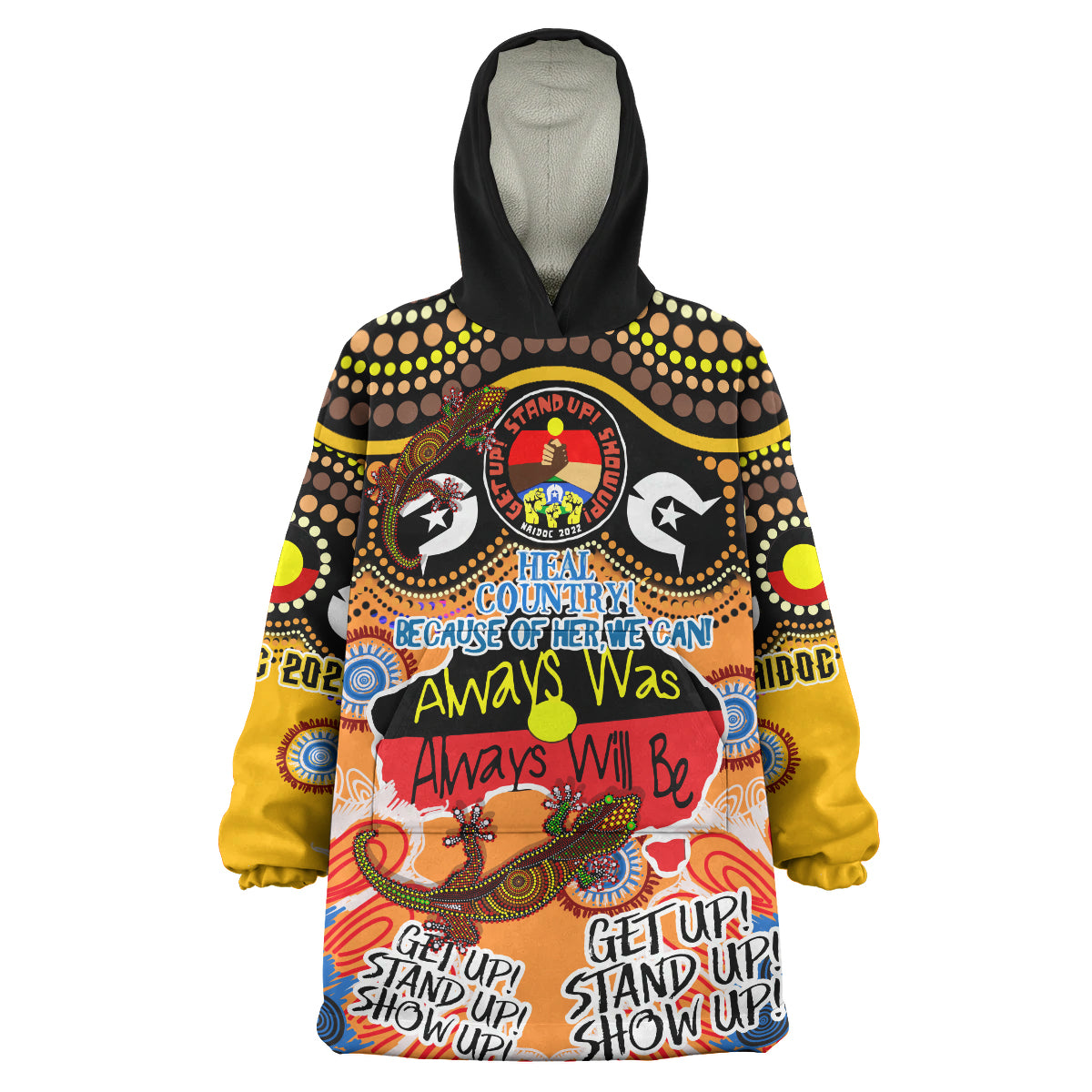 australia-naidoc-week-2023-wearable-blanket-hoodie-naidoc-week-timeline-with-aboriginal-inspired-dot-art-painting-and-aussie-gecko-wearable-blanket-hoodie