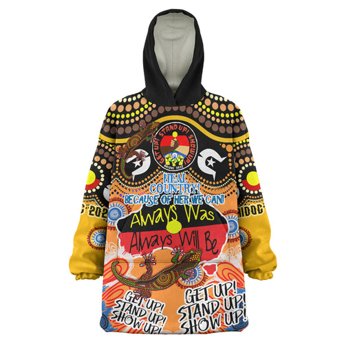 australia-naidoc-week-2023-wearable-blanket-hoodie-naidoc-week-timeline-with-aboriginal-inspired-dot-art-painting-and-aussie-gecko-wearable-blanket-hoodie