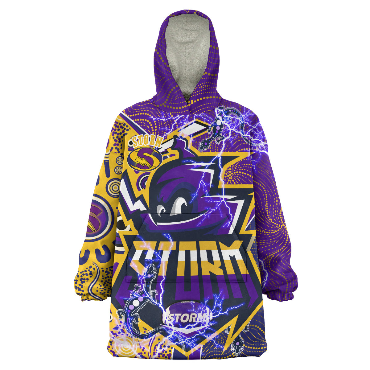 storm-rugby-aboriginal-snug-hoodie-custom-melbourne-storm-mascot-with-aussie-lizards-and-rugby-ball-oodie-blanket