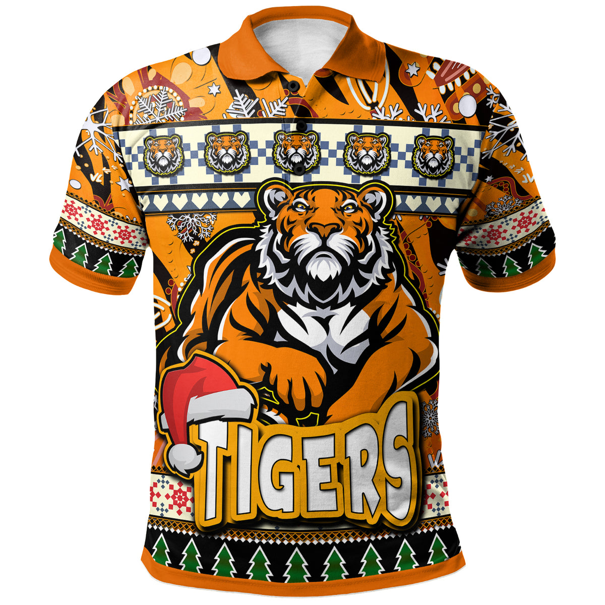 tigers-rugby-christmas-polo-shirt-custom-xmas-tigers-christmas-balls-snowflake-with-aboriginal-patterns-polo-shirt