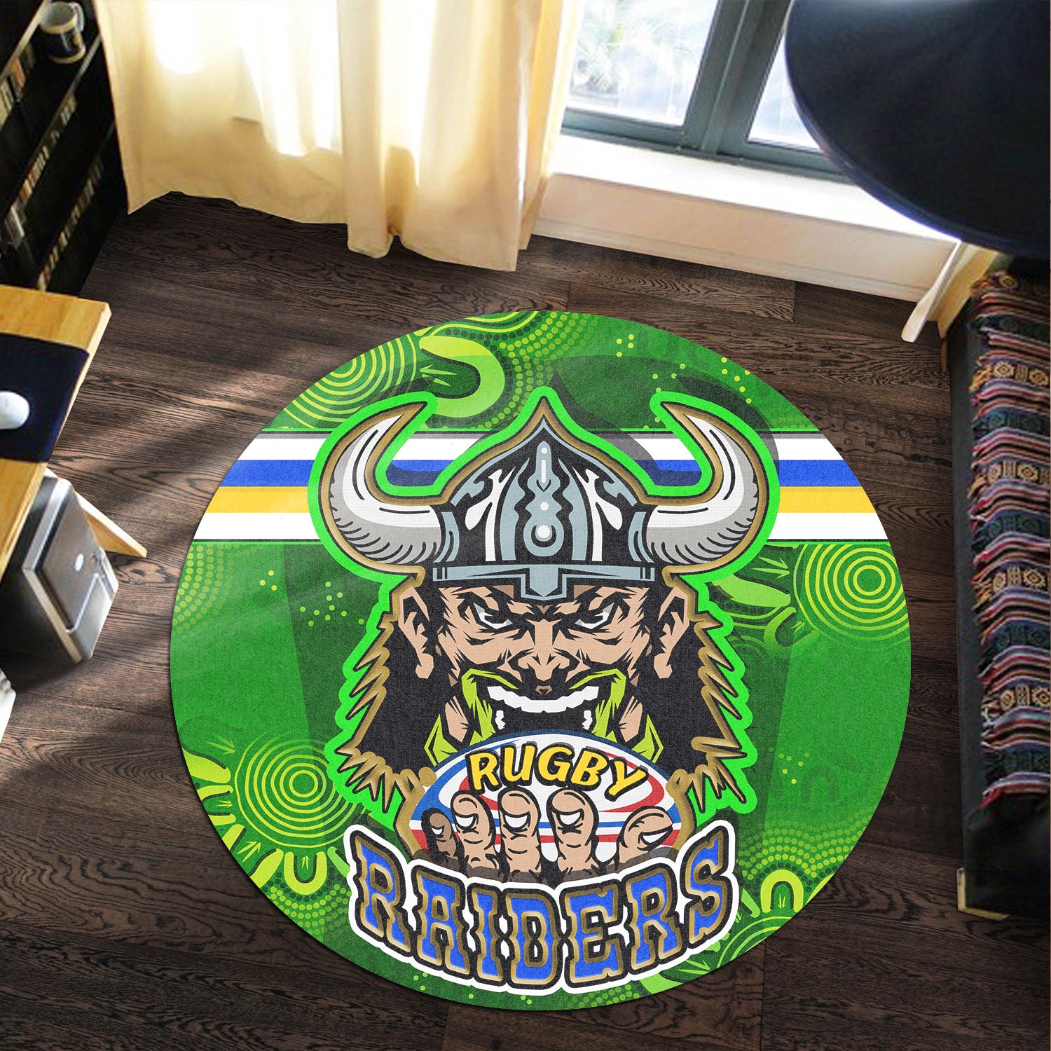 raiders-rugby-round-rug-raiders-holding-ball-in-hand-with-dot-art-aboriginal-background-round-rug