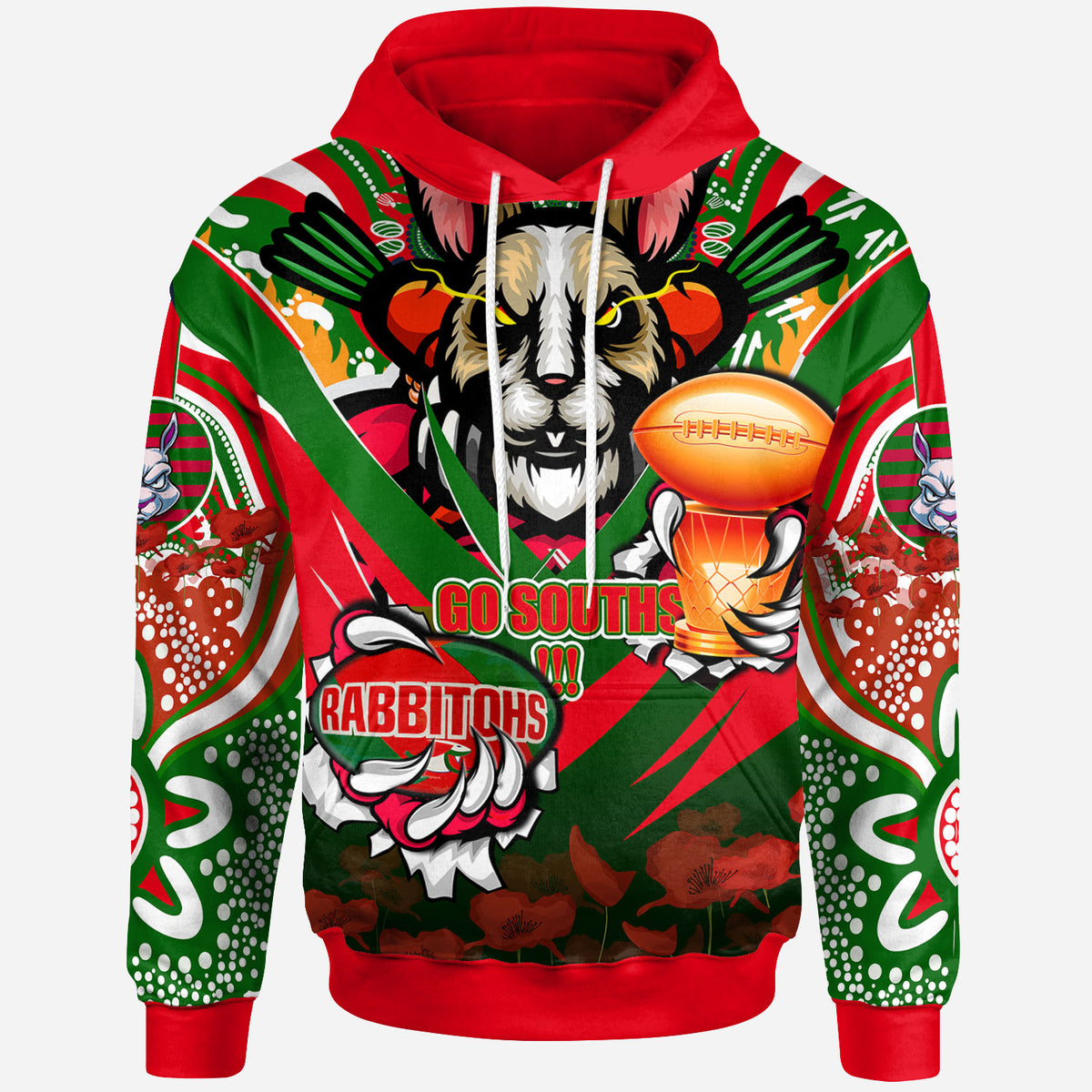 rabbitohs-premierships-rugby-hoodie-custom-go-rabbitohs-champion-claw-scratch-aboriginal-culture-hoodie