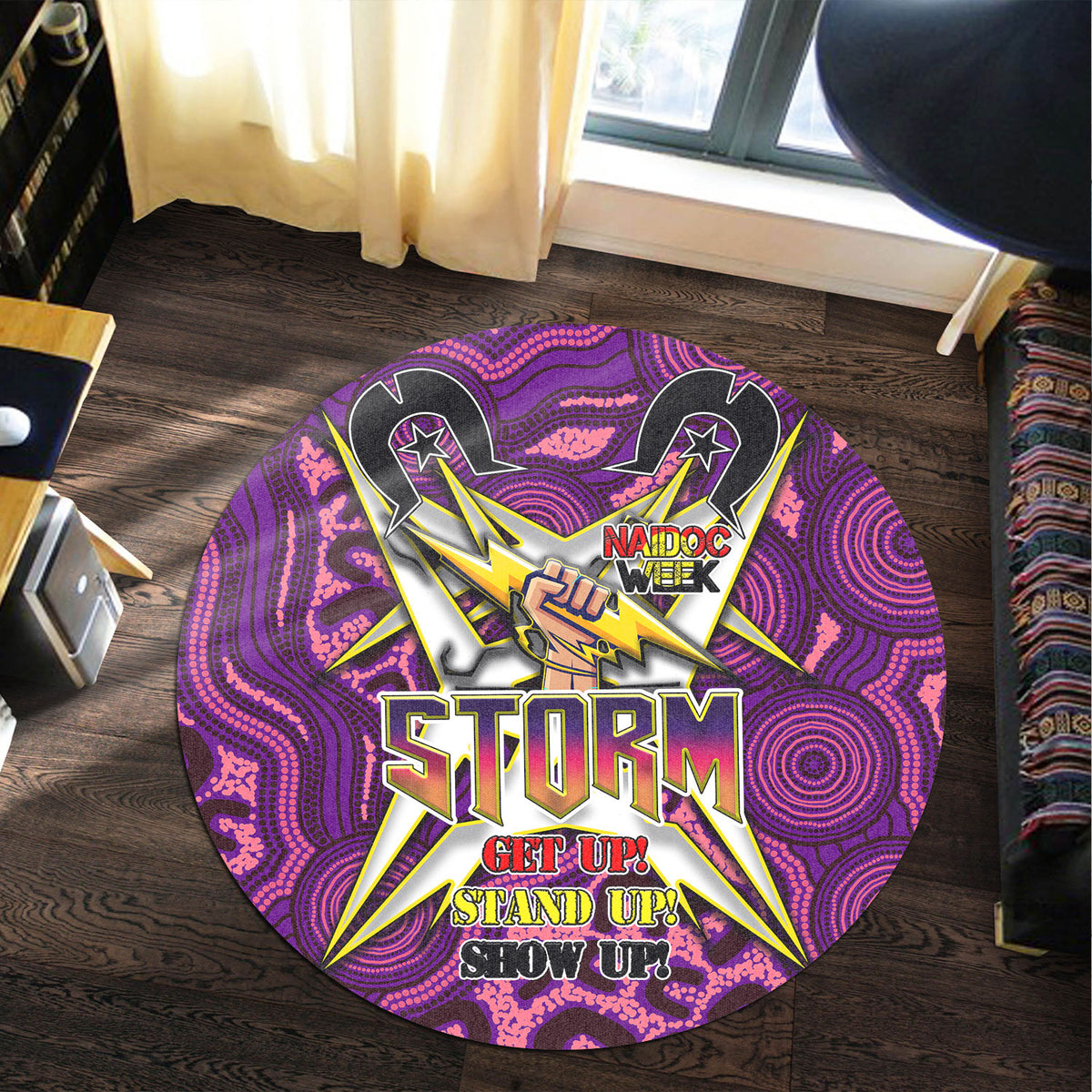 storm-rugby-round-rug-naidoc-week-storm-hand-thunder-with-aboriginal-pattern-get-up-stand-up-show-up-round-rug
