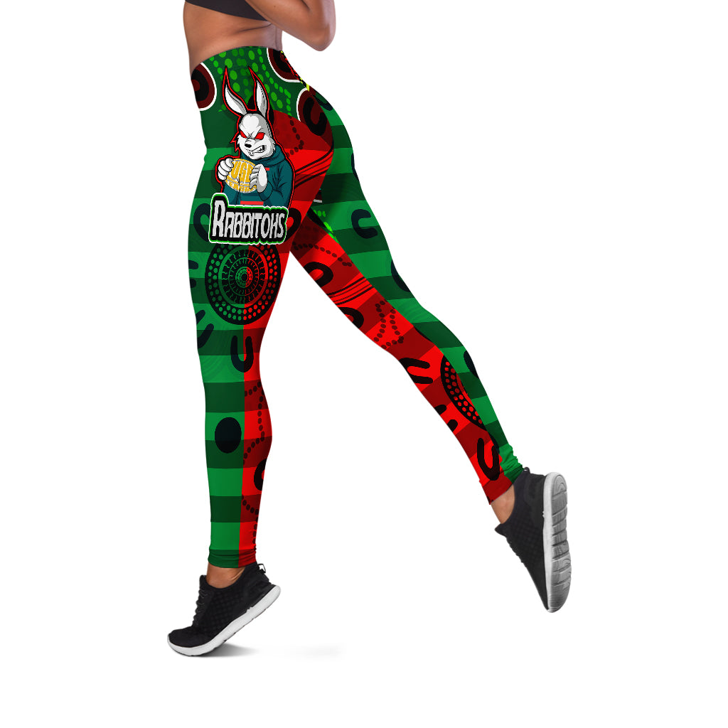 rabbitohs-rugby-leggings-rabbitohs-with-rugby-ball-aboriginal-style-of-dot-painting-patterns-leggings