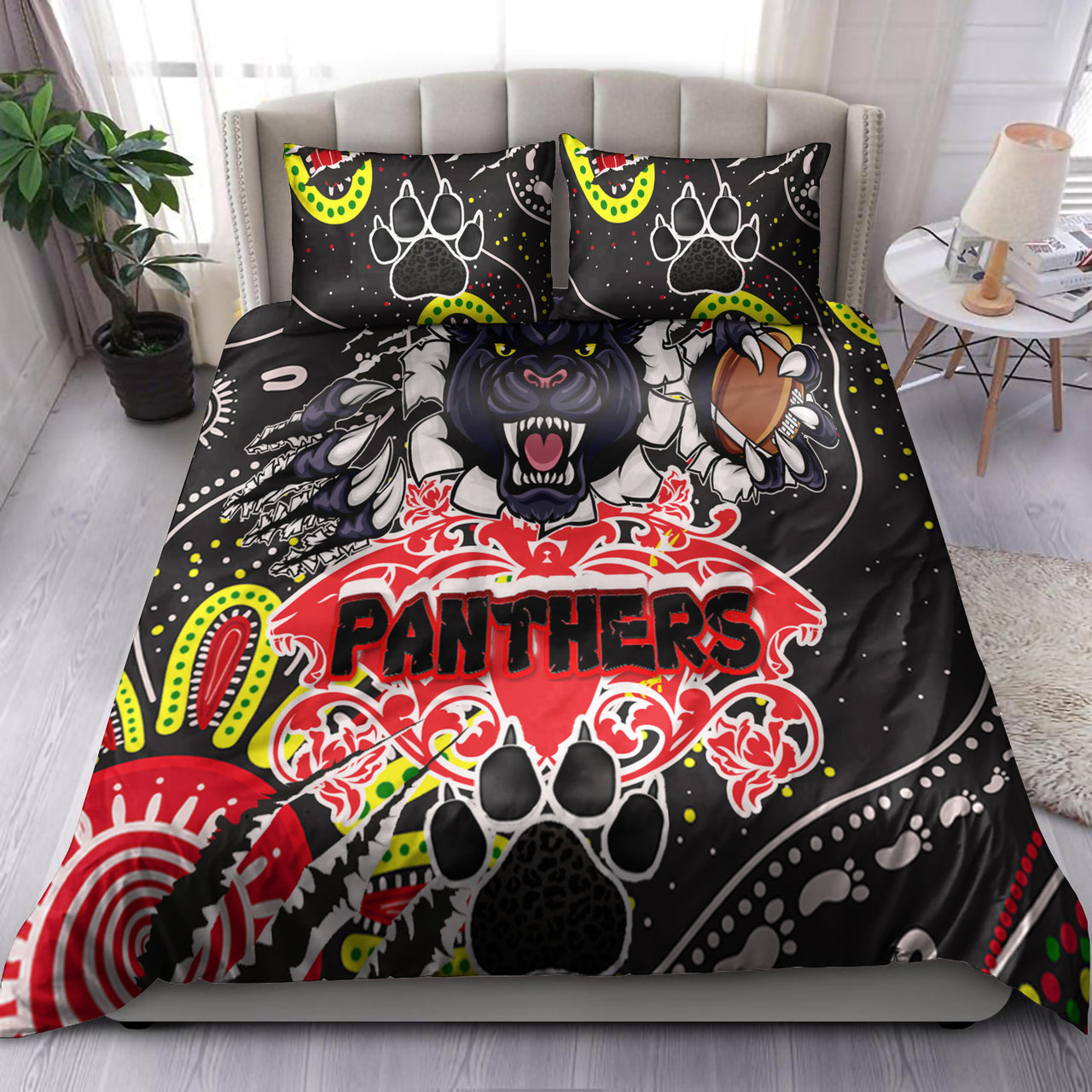 panthers-rugby-aboriginal-bedding-set-indigenous-super-black-panthers-scratch-style