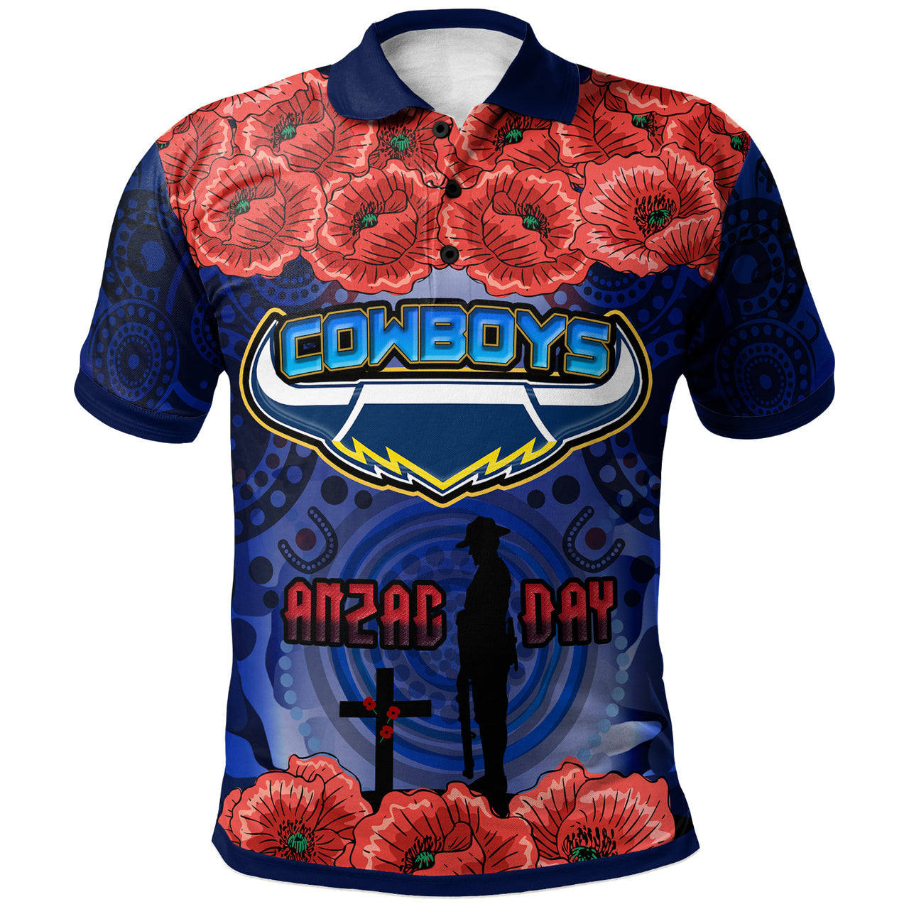 cowboys-rugby-polo-shirt-aboriginal-cowboys-anzac-day-with-poppy-flower-polo-shirt