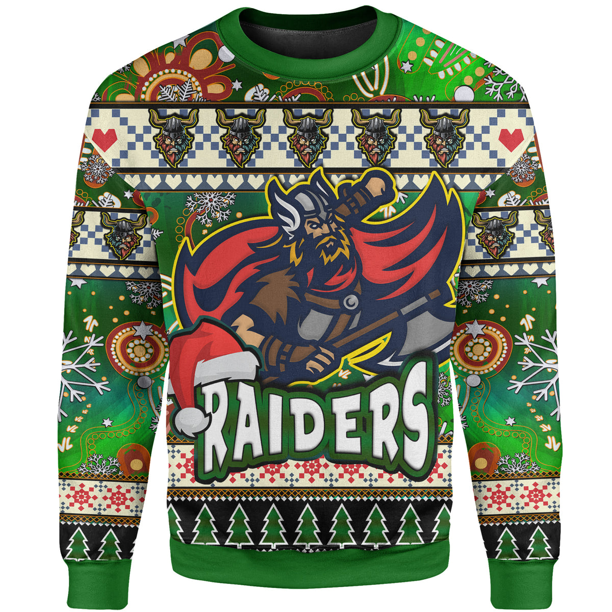 raider-rugby-christmas-sweatshirt-custom-xmas-raider-christmas-balls-snowflake-with-aboriginal-patterns-sweatshirt