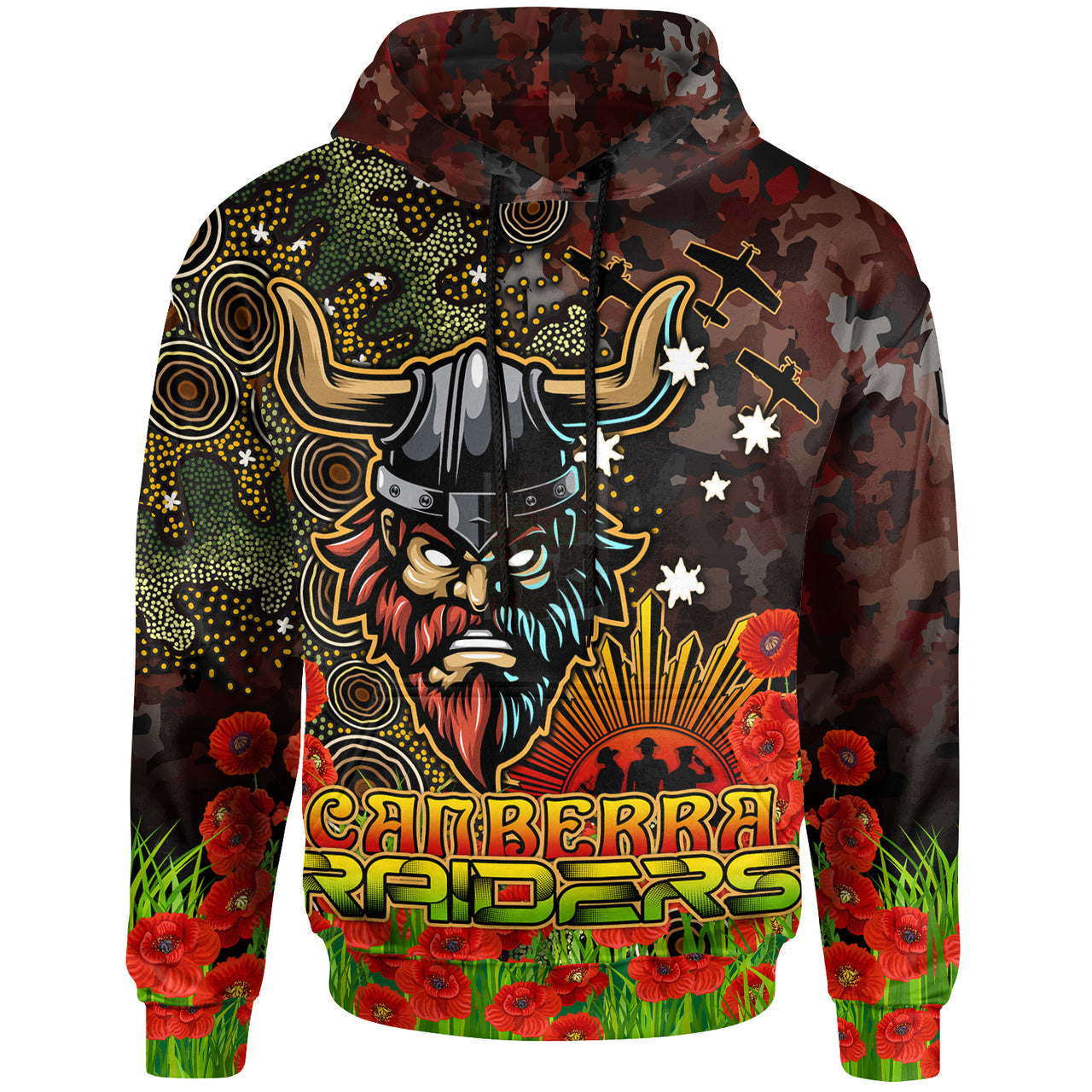 raiders-rugby-hoodie-custom-anzac-raiders-with-remembrance-poppy-and-indigenous-patterns-hoodie