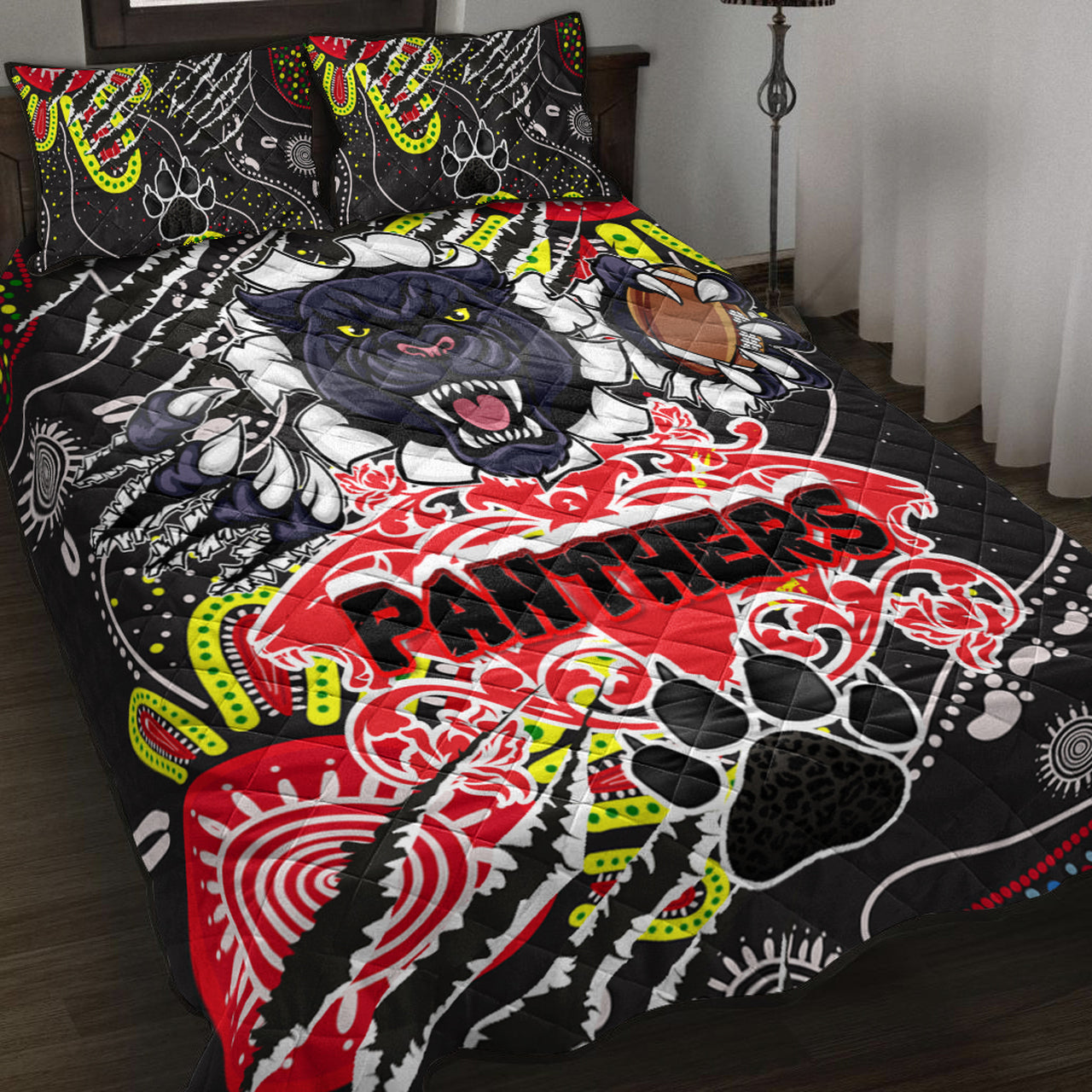 panthers-rugby-aboriginal-quilt-bed-set-indigenous-super-black-panthers-scratch-style