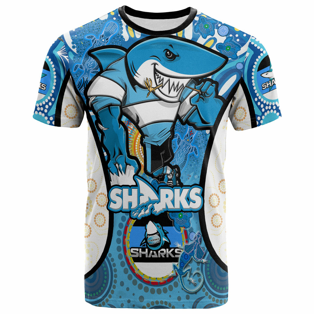 sharks-rugby-t-shirt-custom-sharkies-mascot-with-aboriginal-art-personalised-player-and-number-t-shirt