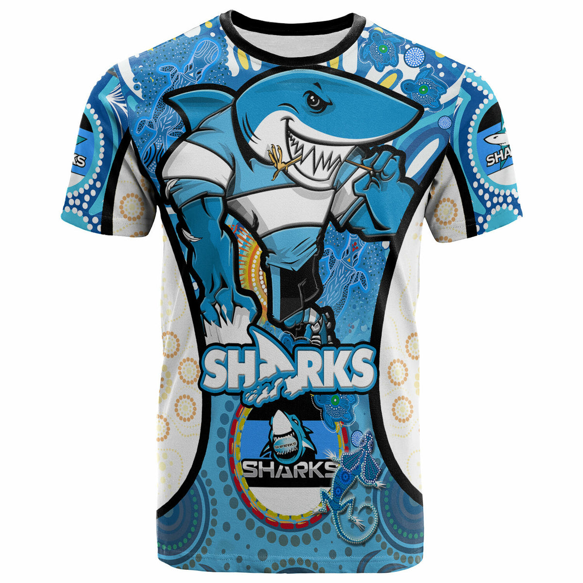 sharks-rugby-t-shirt-custom-sharkies-mascot-with-aboriginal-art-personalised-player-and-number-t-shirt