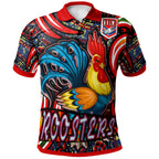 nrlw-roosters-rugby-polo-shirt-custom-womens-rugby-league-with-aboriginal-style-player-and-number-polo-shirt