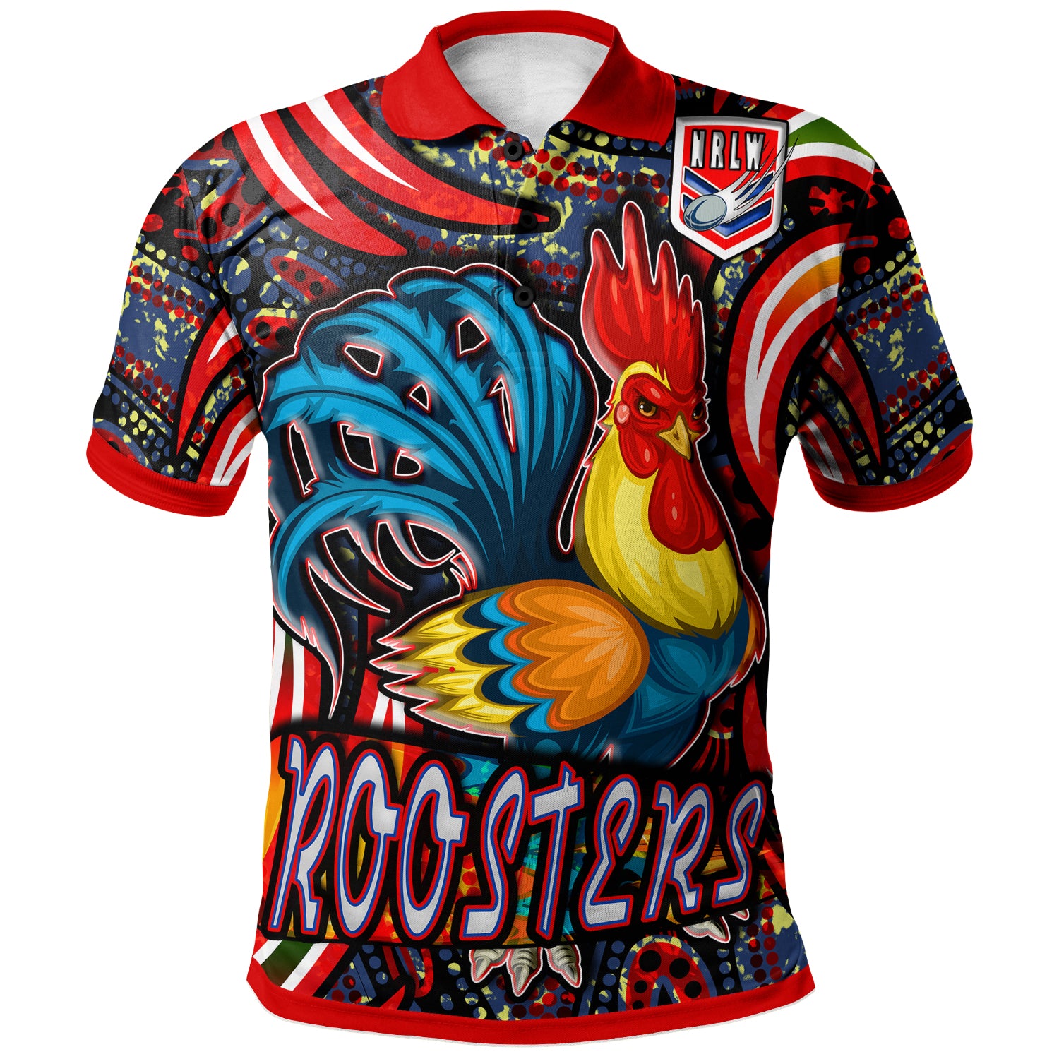nrlw-roosters-rugby-polo-shirt-custom-womens-rugby-league-with-aboriginal-style-player-and-number-polo-shirt