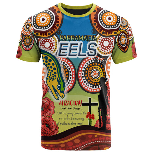 eels-rugby-aboriginal-t-shirt-anzac-day-let-we-forgot-poppy-flower-patterns-t-shirt