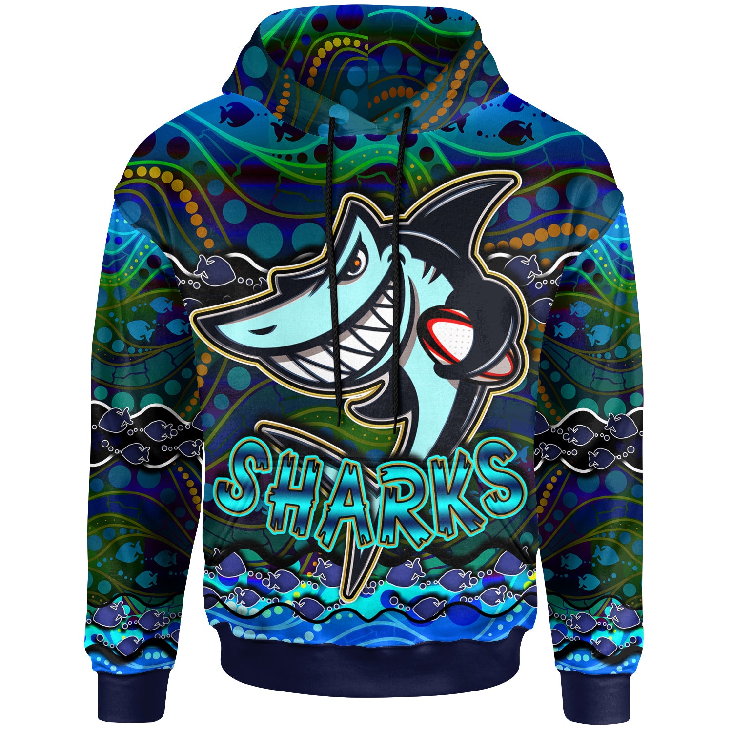 sharks-rugby-hoodie-custom-sharks-rugby-with-fish-aboriginal-style-personalised-player-and-number-hoodie