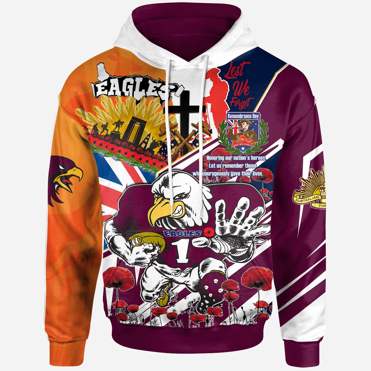 sea-eagles-rugby-hoodie-custom-remembrance-eagles-anzac-quote-with-poppy-and-rosemary-hoodie