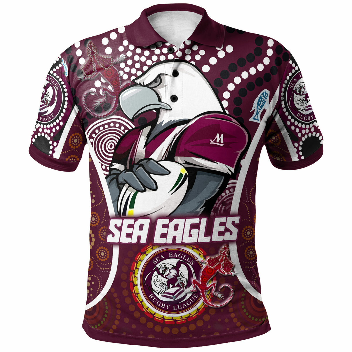 sea-eagles-rugby-polo-shirt-custom-manly-sea-eagles-mascot-with-aboriginal-art-personalised-player-and-number-polo-shirt