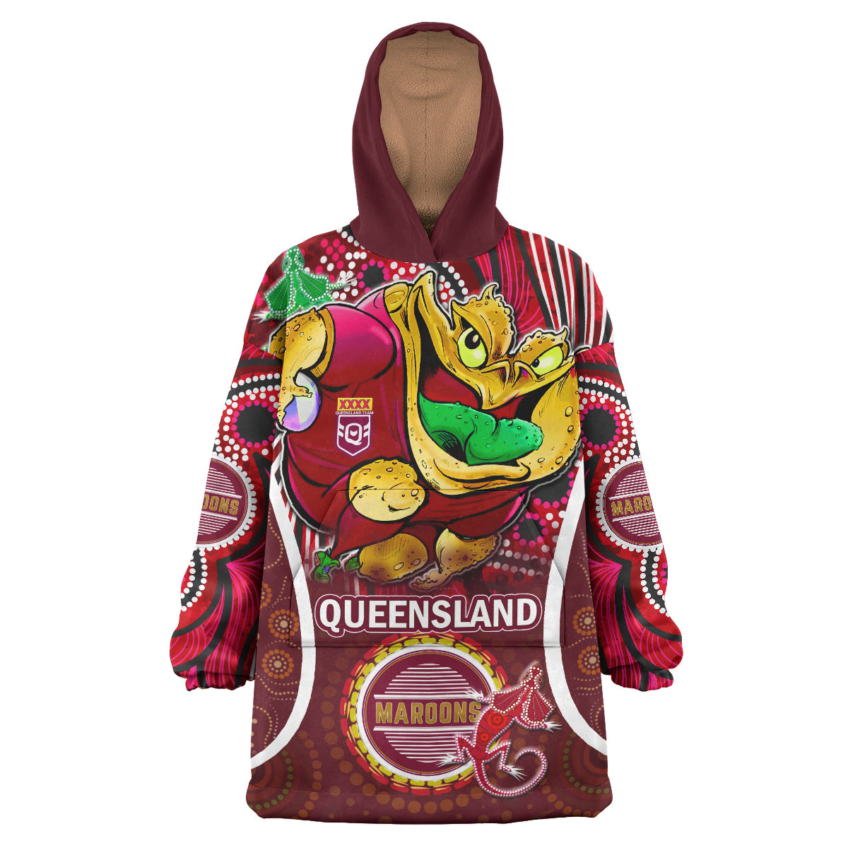 queensland-rugby-league-team-snug-hoodie-custom-qld-maroons-cane-toads-with-aboriginal-art-personalised-player-and-number-oodie-blanket