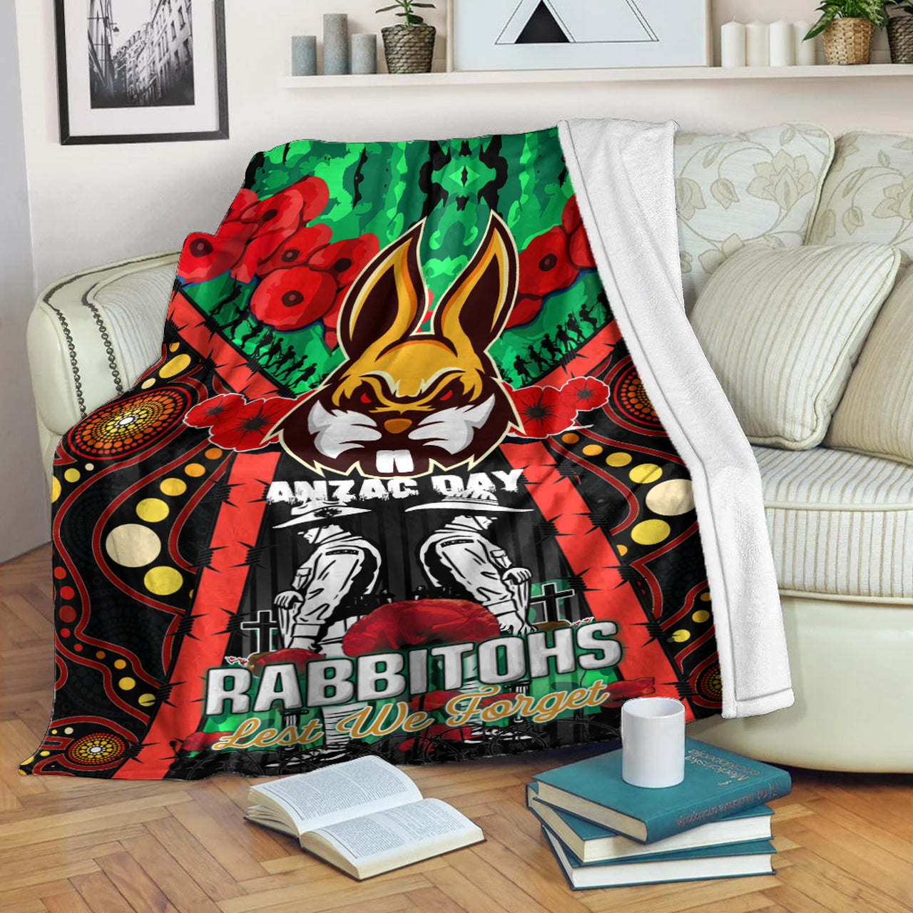 rabbitohs-rugby-aboriginal-anzac-day-custom-watercolour-blanket-remembrance-indigenous-rabbitohs-with-poppy-flower