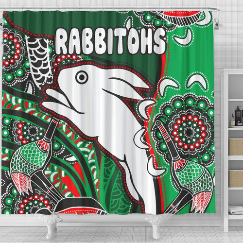 south-sydney-rabbitohs-rugby-custom-shower-curtain-indigenous-dreaming-rabbitohs