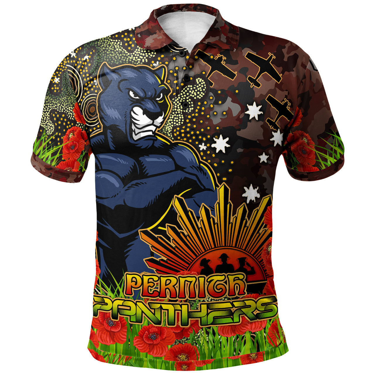 panthers-rugby-polo-shirt-custom-anzac-panthers-with-remembrance-poppy-and-indigenous-patterns-polo-shirt-1