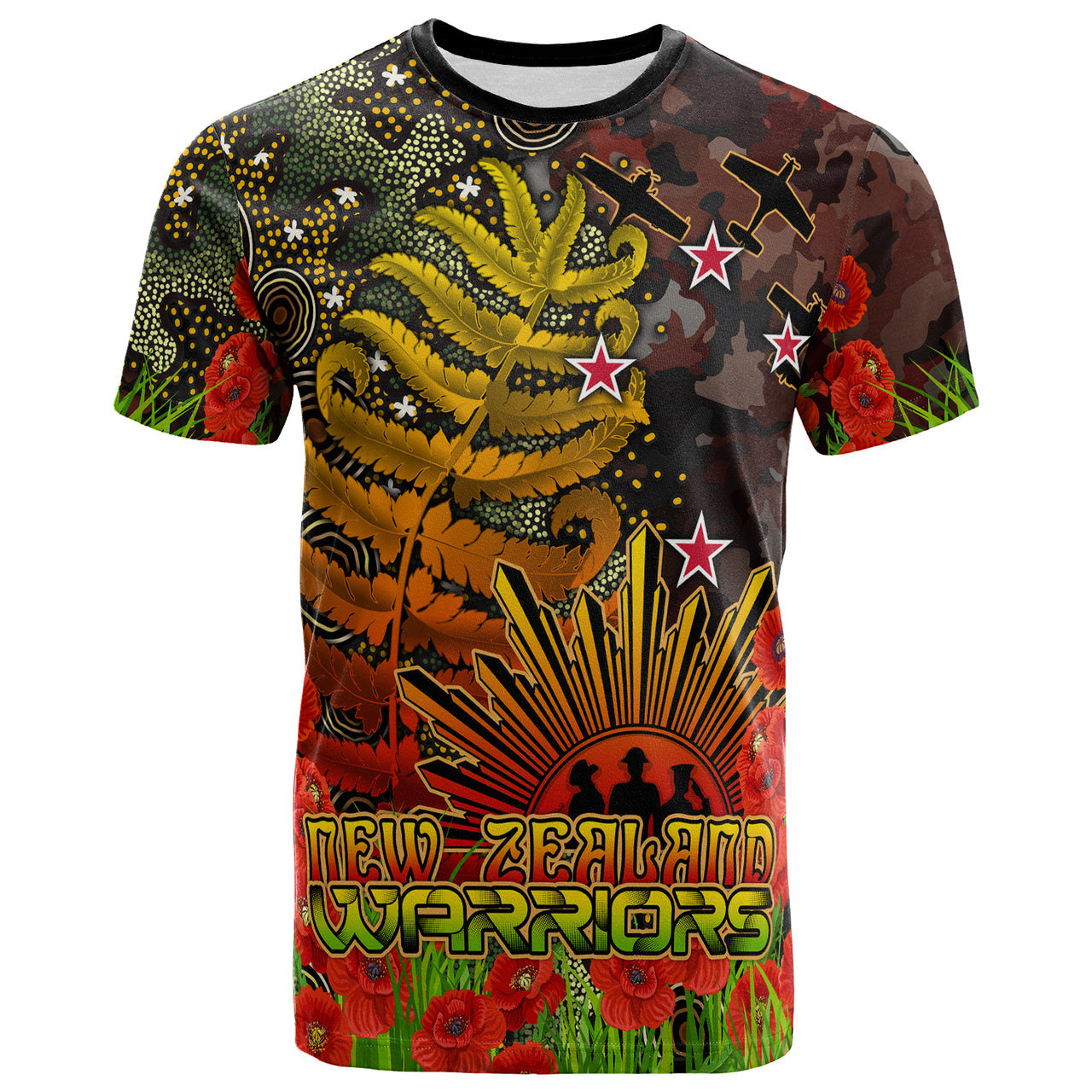 warriors-rugby-t-shirt-custom-anzac-warriors-with-remembrance-poppy-and-indigenous-patterns-t-shirt-1