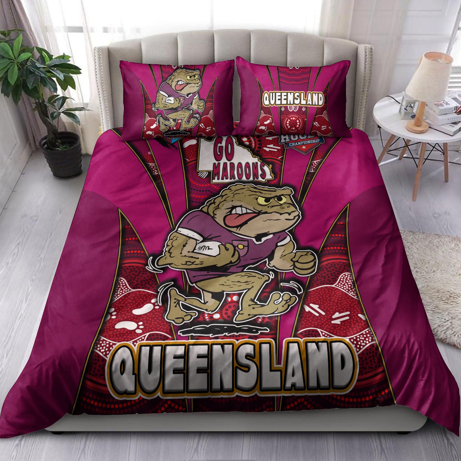 queensland-rugby-league-team-bedding-set-queensland-maroons-mascot-with-aboriginal-art-state-of-origin-bedding-set