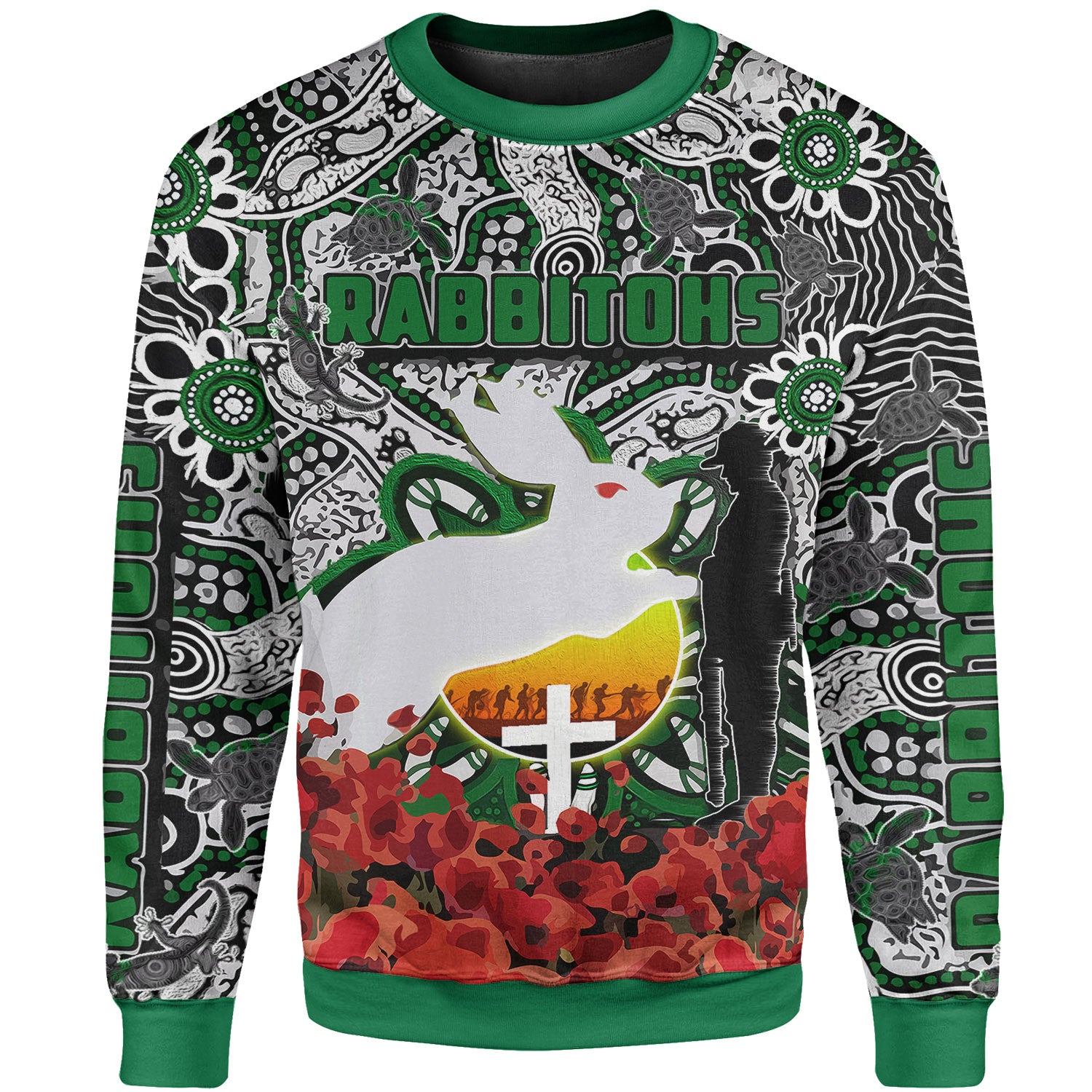 rabbitohs-rugby-sweatshirt-anzac-day-watercolor-indigenous-dreaming-rabbitohs-sweatshirt