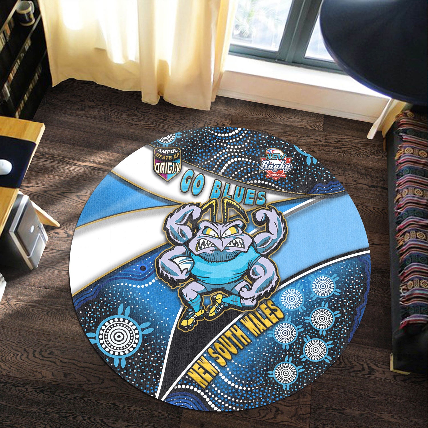 new-south-wales-rugby-league-team-round-rug-new-south-wales-blues-with-aboriginal-patterns-state-of-origin-round-rug
