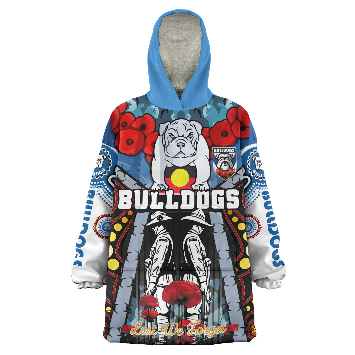 bulldogs-aboriginal-rugby-anzac-day-snug-hoodie-remembrance-indigenous-culture-bulldogs-with-poppy-flower-watercolour-style-oodie-blanket