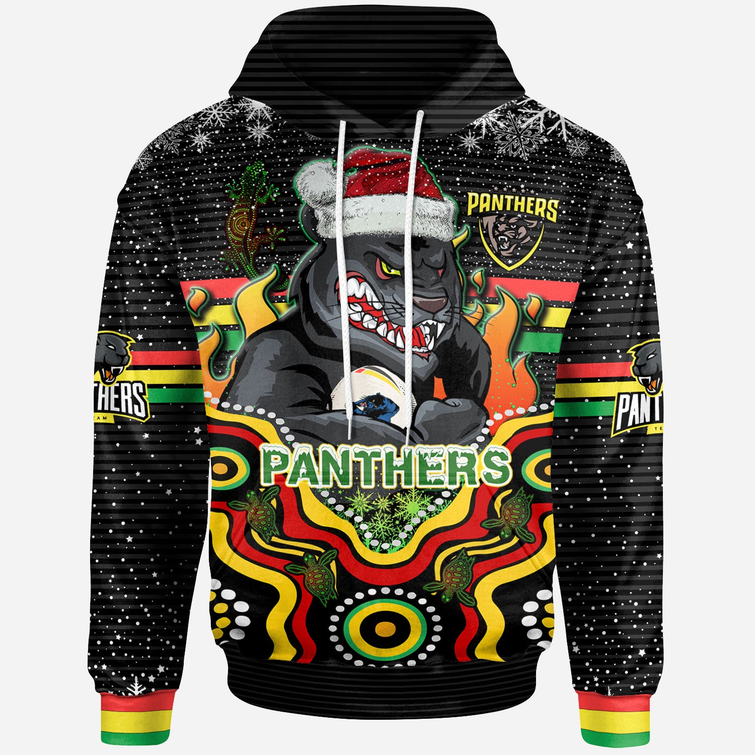 panthers-rugby-christmas-hoodie-custom-christmas-indigenous-penrith-panthers-personalised-name-and-number-hoodie