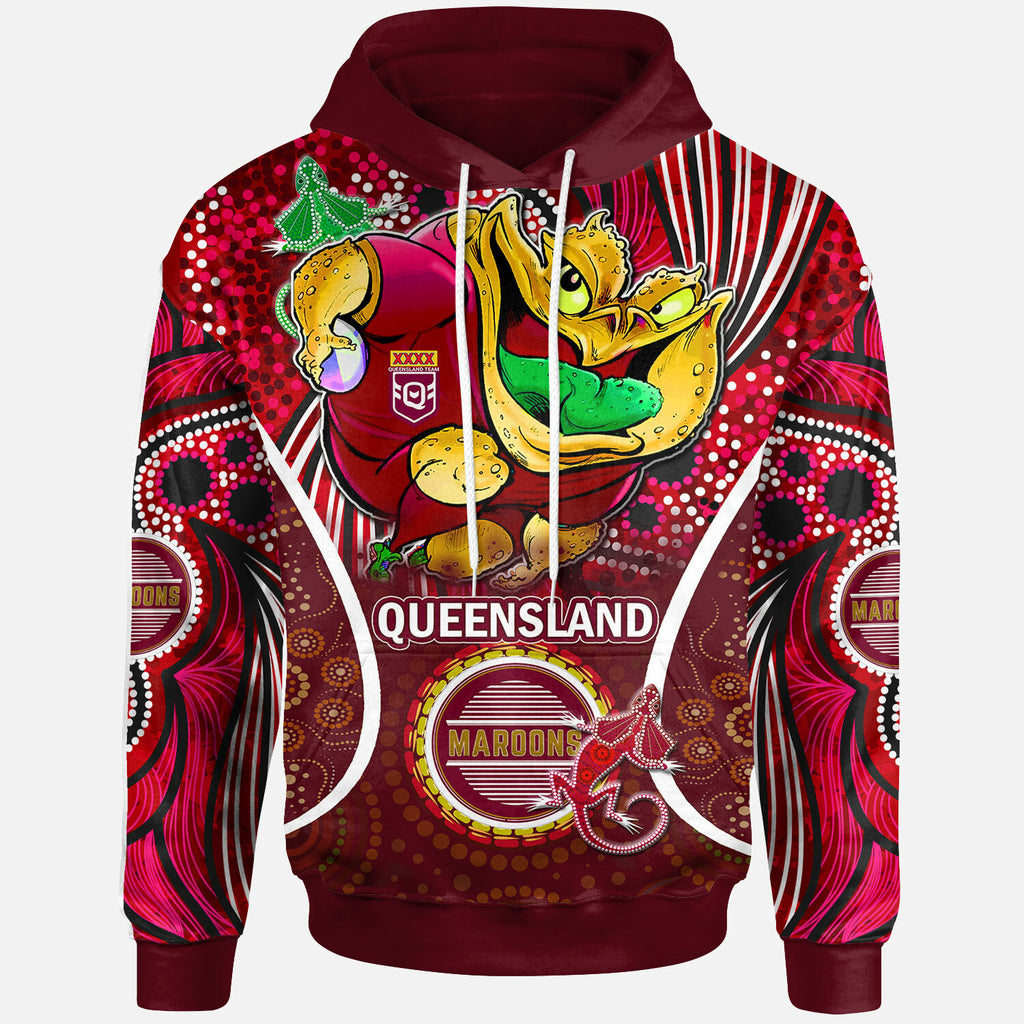 queensland-rugby-league-team-hoodie-custom-qld-maroons-cane-toads-with-aboriginal-art-personalised-player-and-number-hoodie