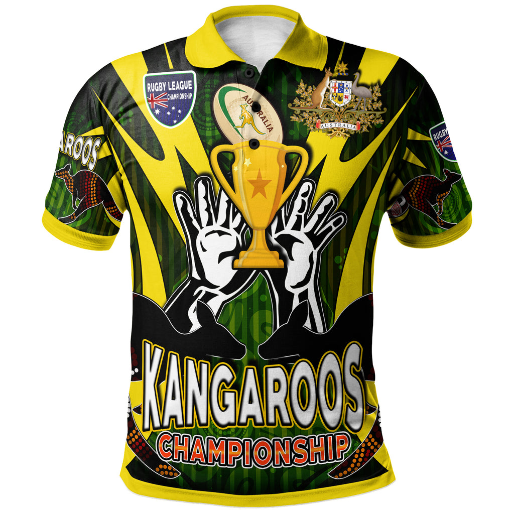 kangaroos-rugby-polo-shirt-custom-kangaroo-rugby-league-coat-of-arms-aboriginal-culture-personalised-player-and-number-polo-shirt