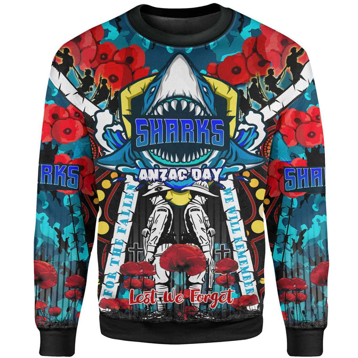 sharks-rugby-anzac-day-sweatshirt-custom-remembrance-cronulla-sutherland-sharks-with-poppy-flower-sweatshirt