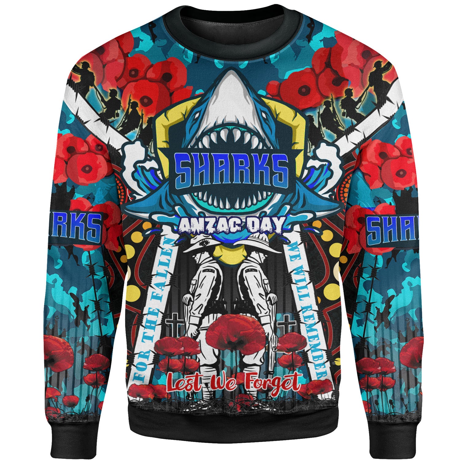 sharks-rugby-anzac-day-sweatshirt-custom-remembrance-cronulla-sutherland-sharks-with-poppy-flower-sweatshirt