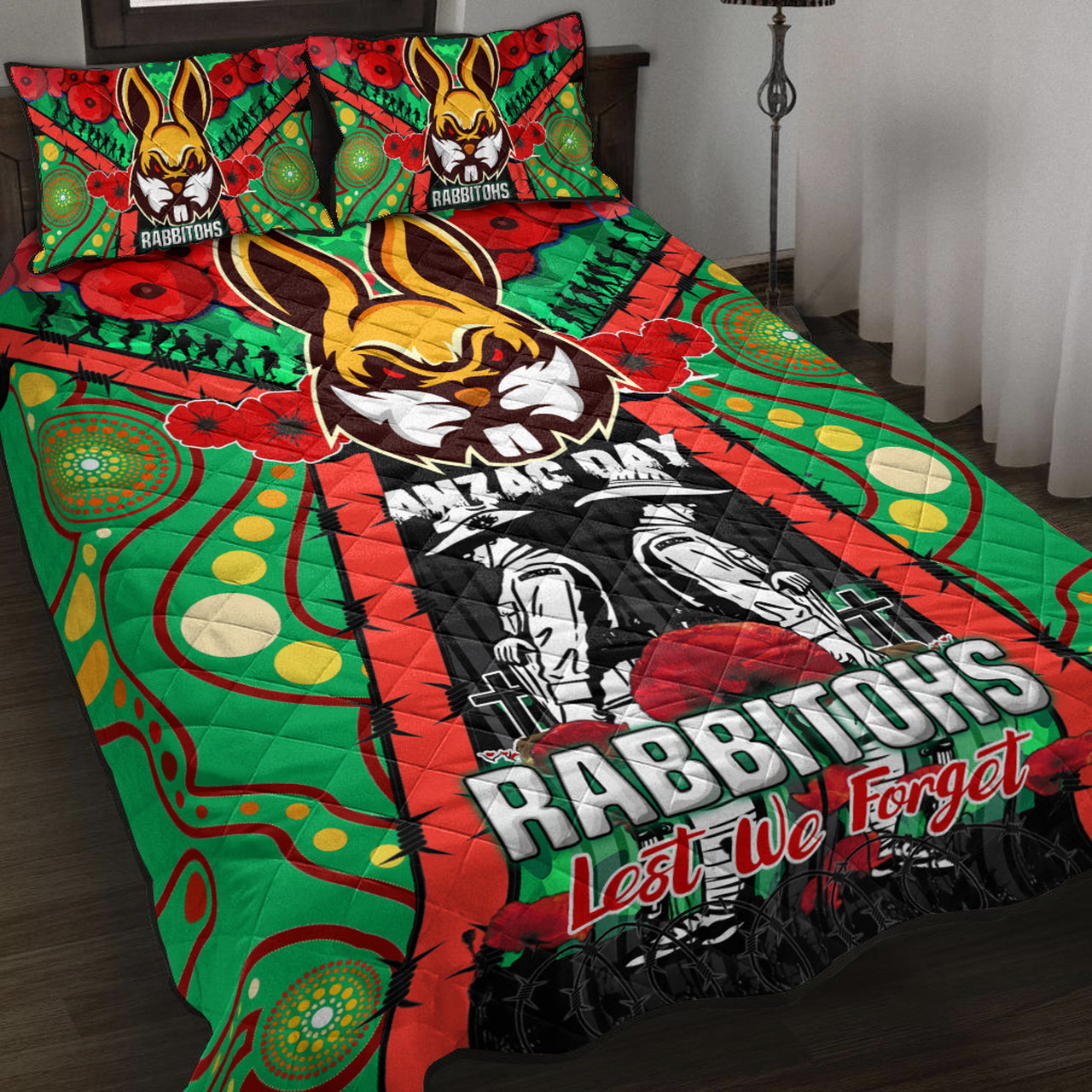 rabbitohs-rugby-aboriginal-anzac-day-custom-watercolour-quilt-bed-set-remembrance-indigenous-rabbitohs-with-poppy-flower