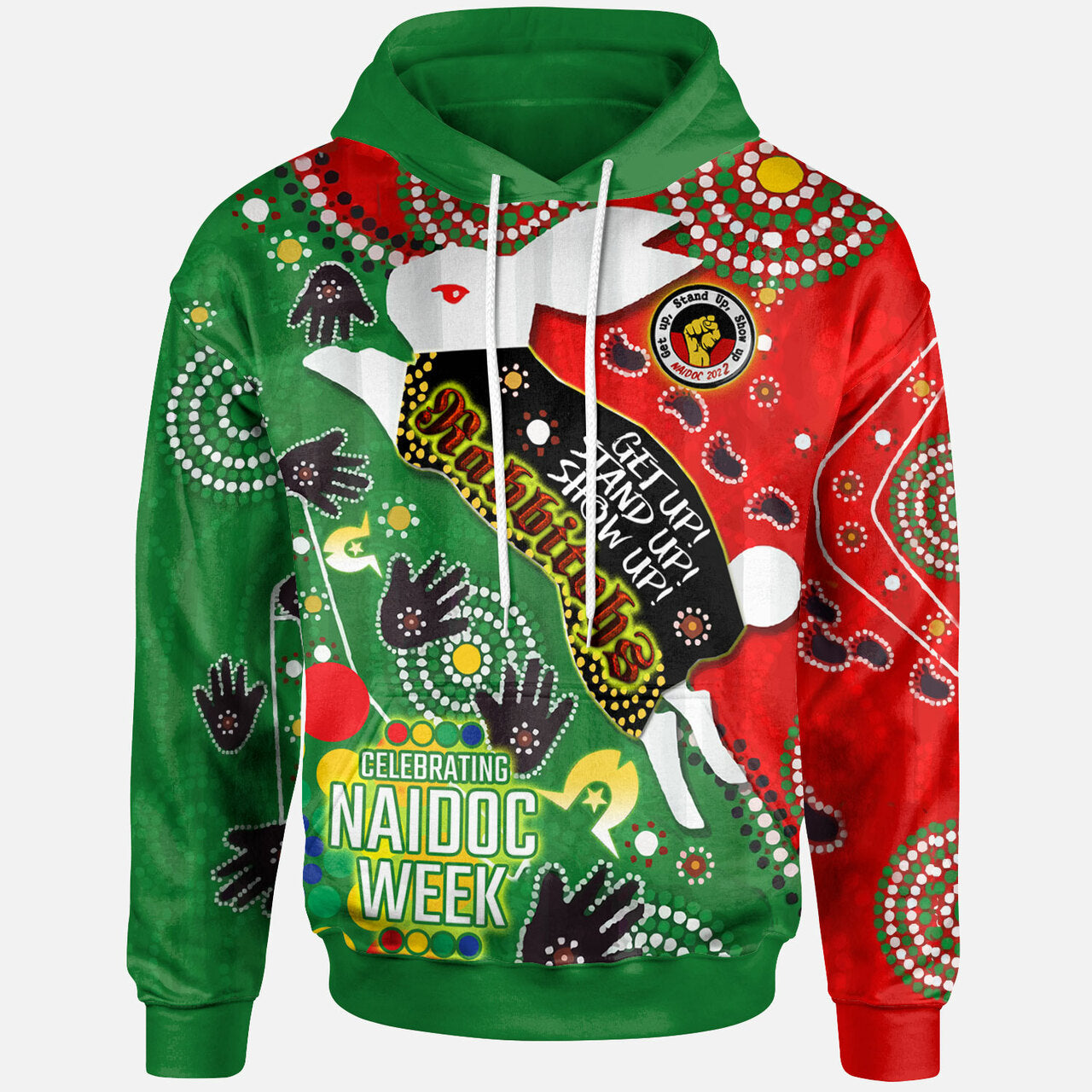 rabbitohs-rugby-naidoc-week-custom-watercolour-dot-painting-hoodie-rabbitohs-getting-up-standing-up-showing-up