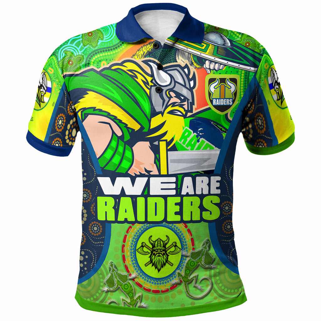 raiders-rugby-polo-shirt-custom-we-are-raiders-mascot-with-aboriginal-art-polo-shirt