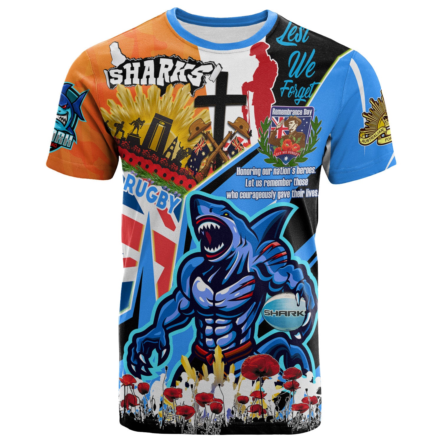 sharks-rugby-t-shirt-custom-remembrance-sharks-anzac-quote-with-poppy-and-rosemary-t-shirt