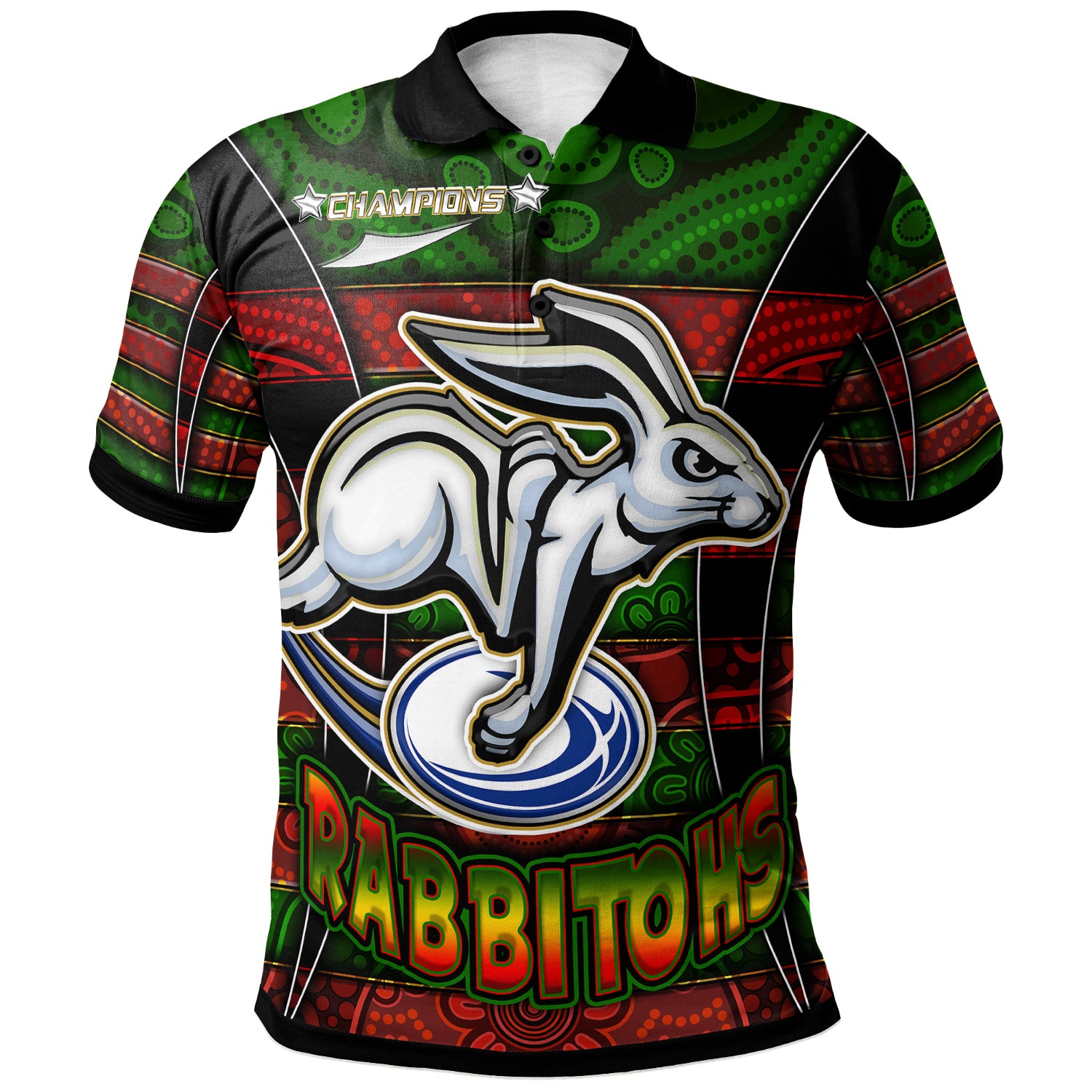 rabbitohs-rugby-polo-shirt-custom-rabbit-aboriginal-style-pattern-personalised-player-and-number-polo-shirt