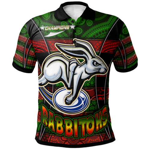 rabbitohs-rugby-polo-shirt-custom-rabbit-aboriginal-style-pattern-personalised-player-and-number-polo-shirt