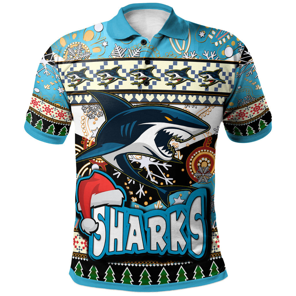 sharks-rugby-christmas-polo-shirt-custom-xmas-sharks-christmas-balls-snowflake-with-aboriginal-patterns-polo-shirt