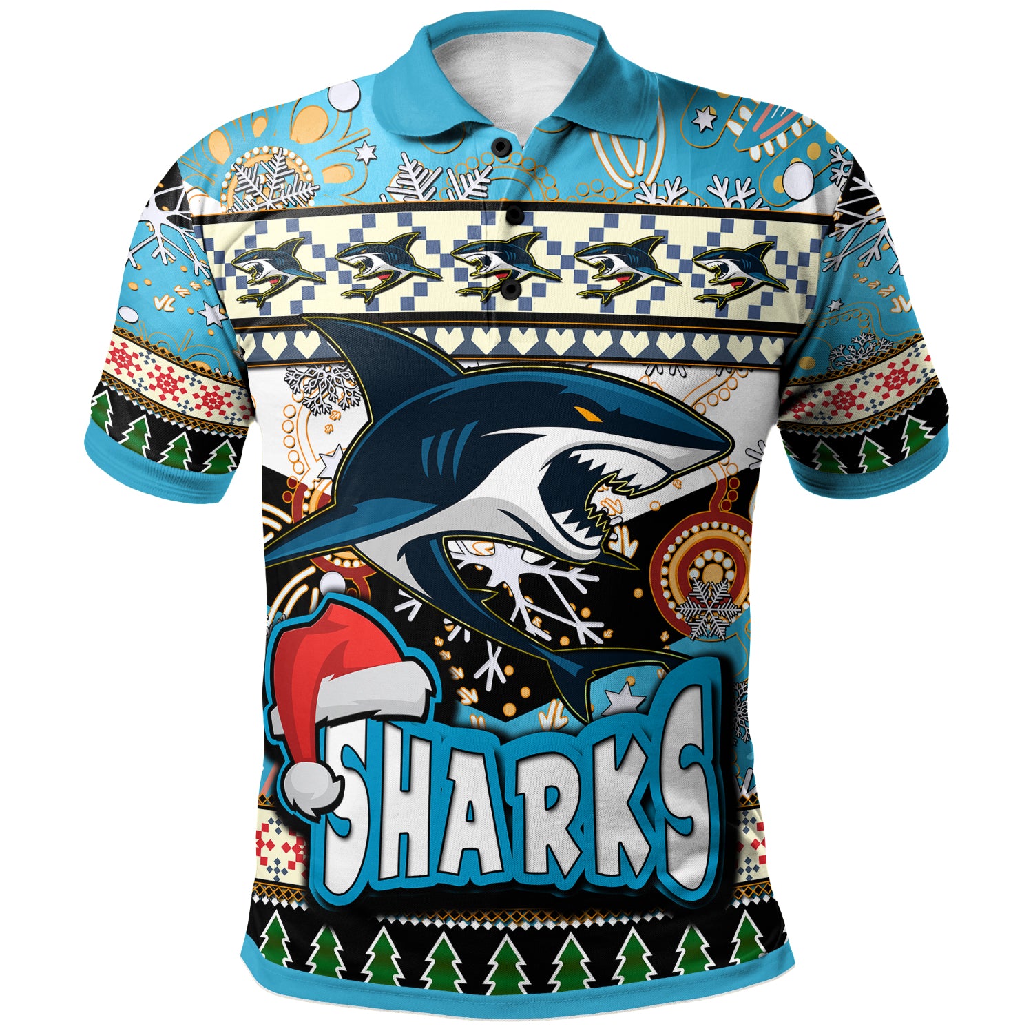 sharks-rugby-christmas-polo-shirt-custom-xmas-sharks-christmas-balls-snowflake-with-aboriginal-patterns-polo-shirt